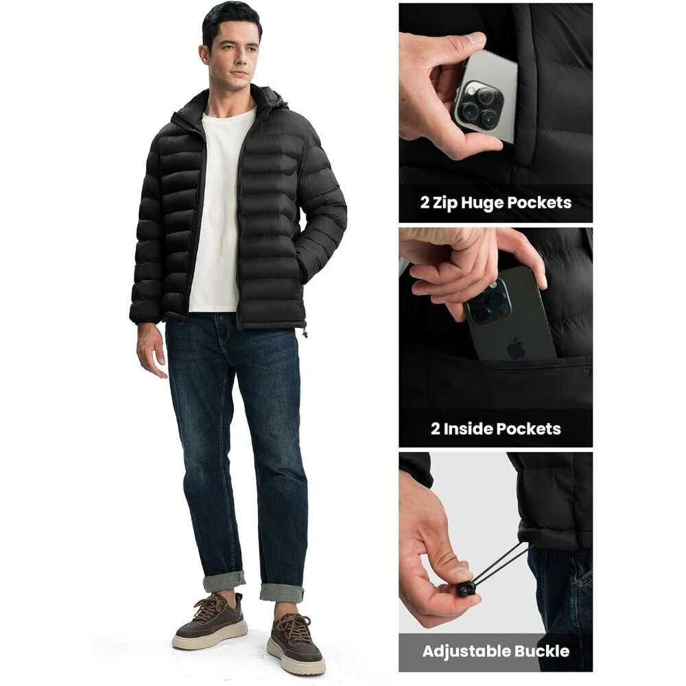 Men’s Black 100% Nylon Hooded Zip-Up Lightweight Warm Winter Puffer Jacket - Picture 5 of 7